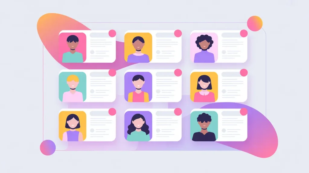 Digital marketing dashboard with audience icons connected to personalized campaign cards