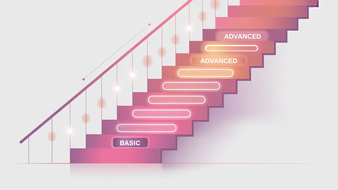 staircase with glowing stages symbolizing maturity models in pink and white