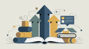 Collage of building blocks, open book, digital training module with upward arrows