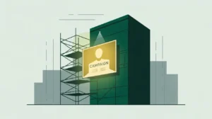 Illustration of campaign poster on scaffolding beside rising building