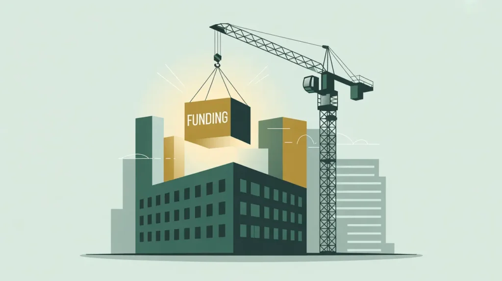 Construction crane lifting glowing funding block into building foundation