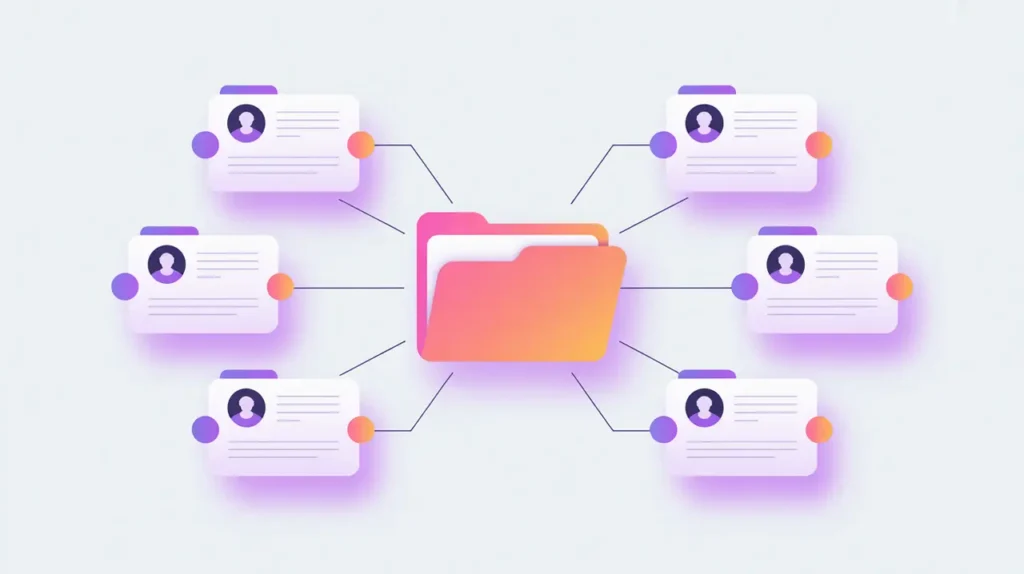 Folder icon connected to multiple case files with profiles and notes