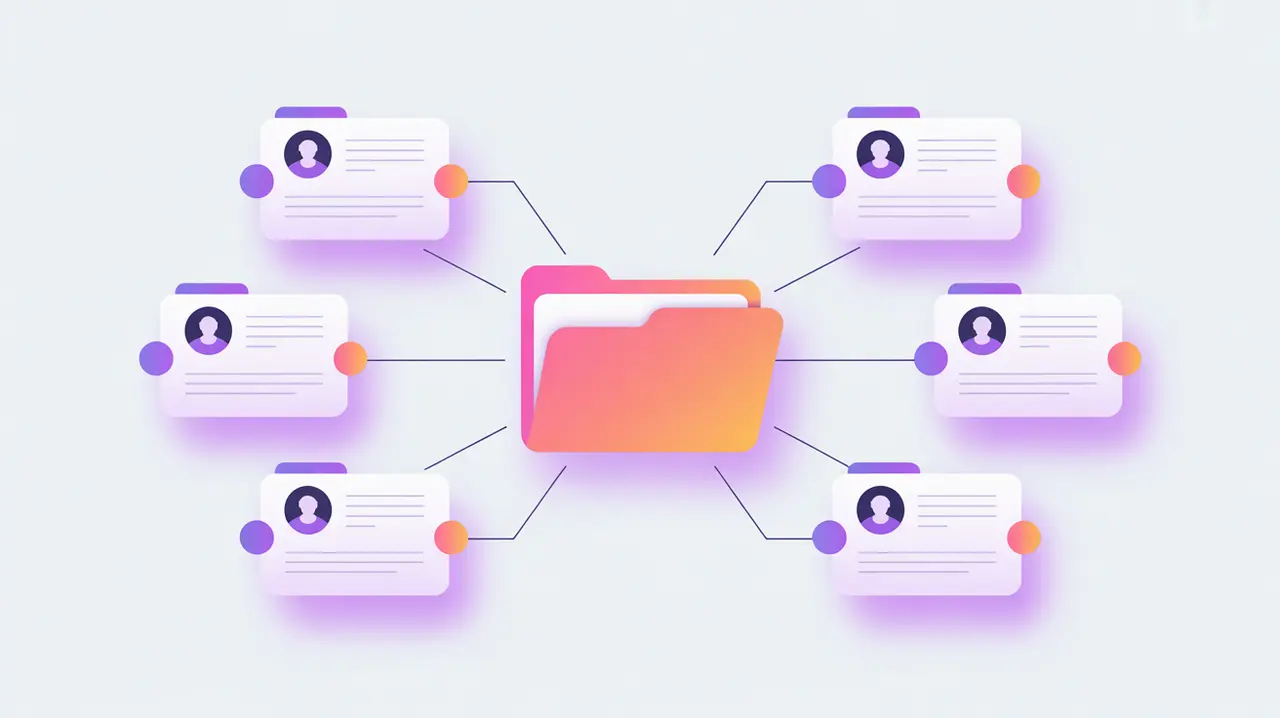 Folder icon connected to multiple case files with profiles and notes
