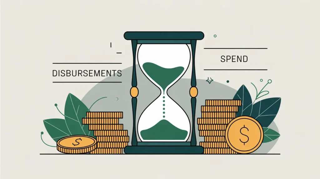 Hourglass beside coin stacks labeled disbursements and spend symbolizing cash flow timing