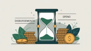 Hourglass beside coin stacks labeled disbursements and spend symbolizing cash flow timing