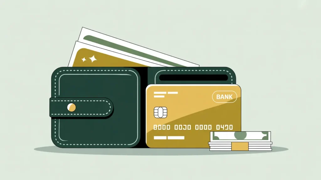 Leather wallet with bank card and cash in modern vector style