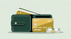 Leather wallet with bank card and cash in modern vector style