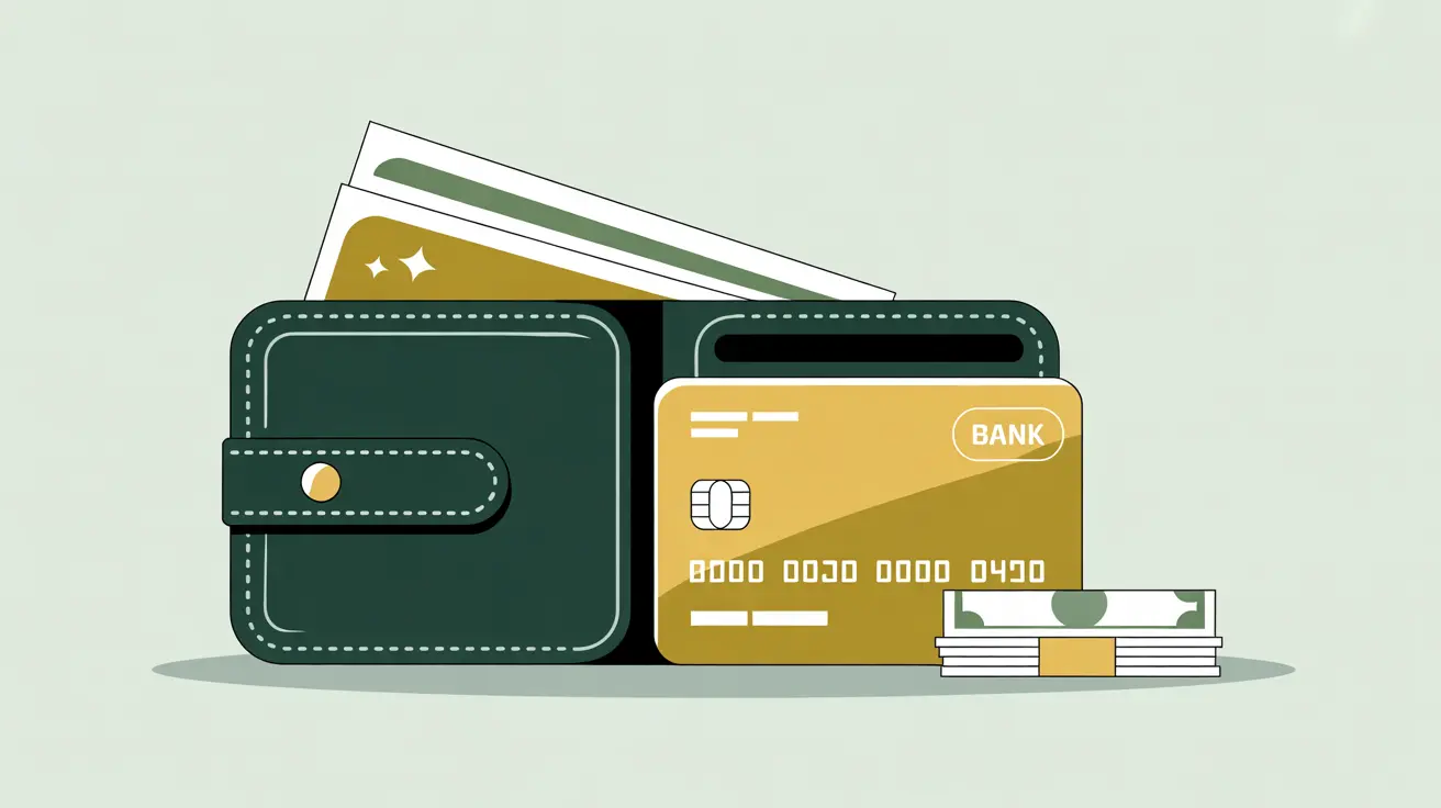 Leather wallet with bank card and cash in modern vector style