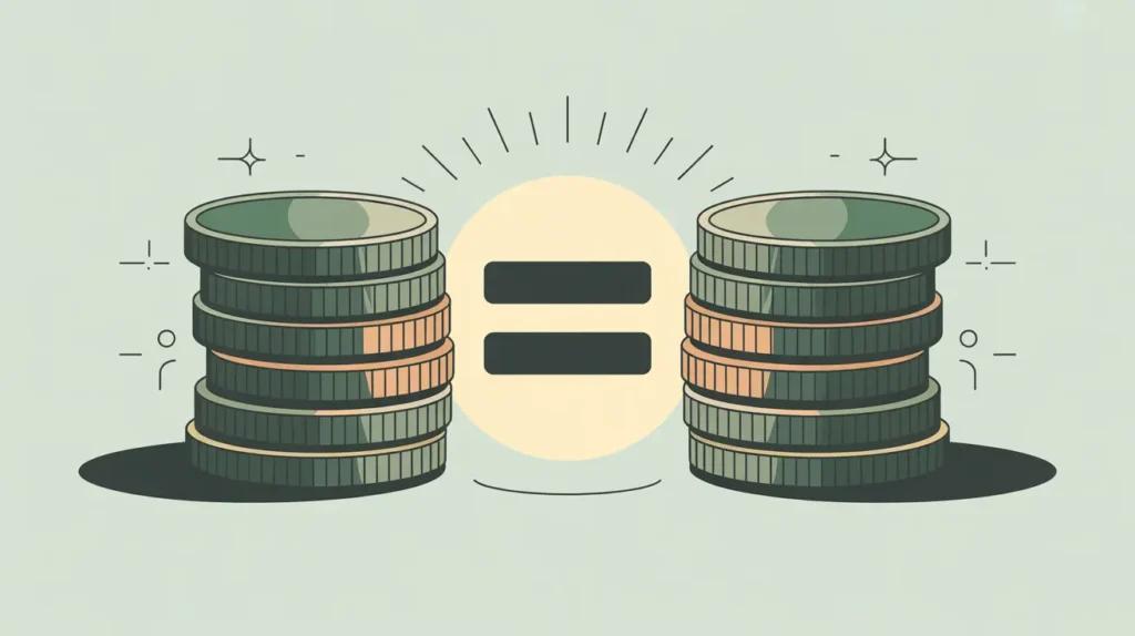 Two stacks of coins facing each other across a glowing equals sign symbolizing matching funds