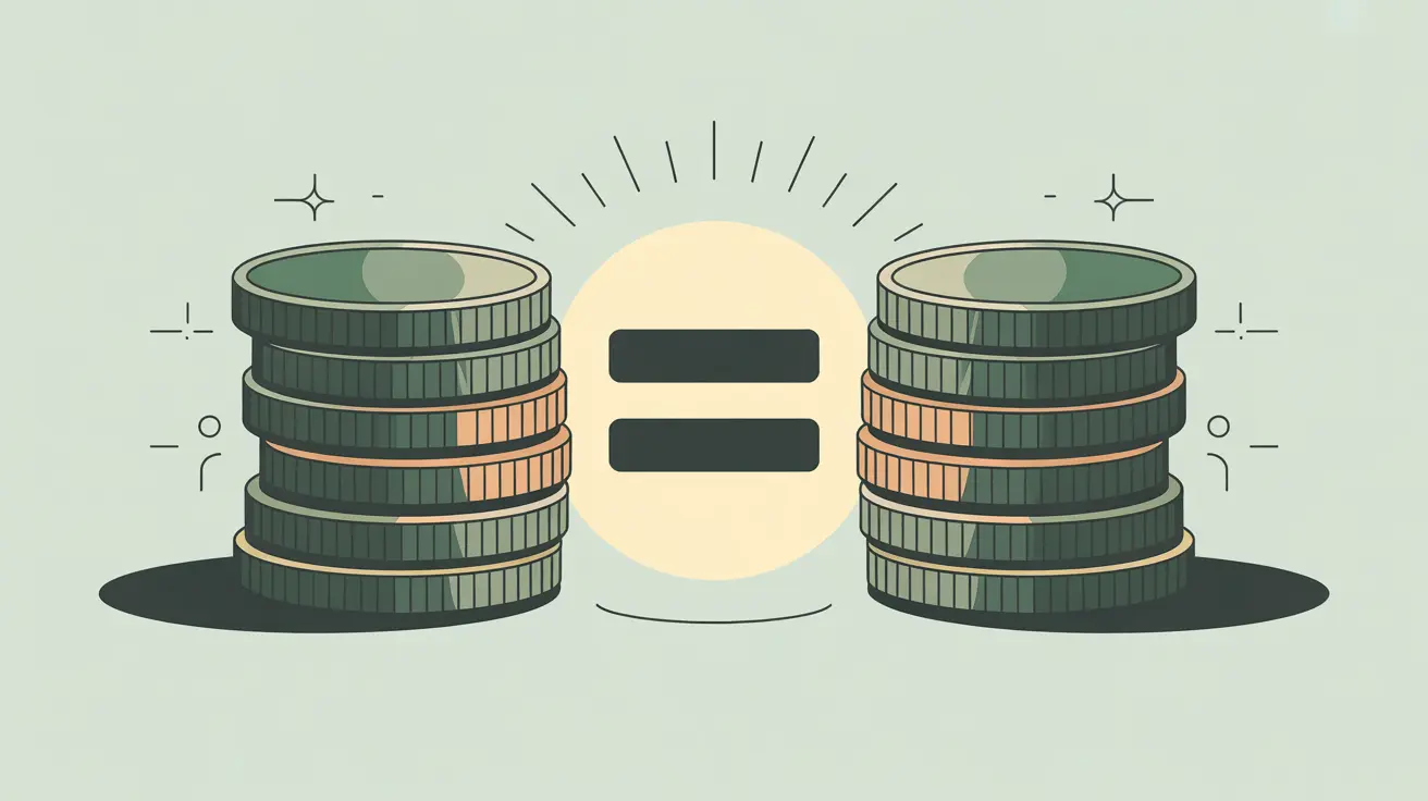 Two stacks of coins facing each other across a glowing equals sign symbolizing matching funds