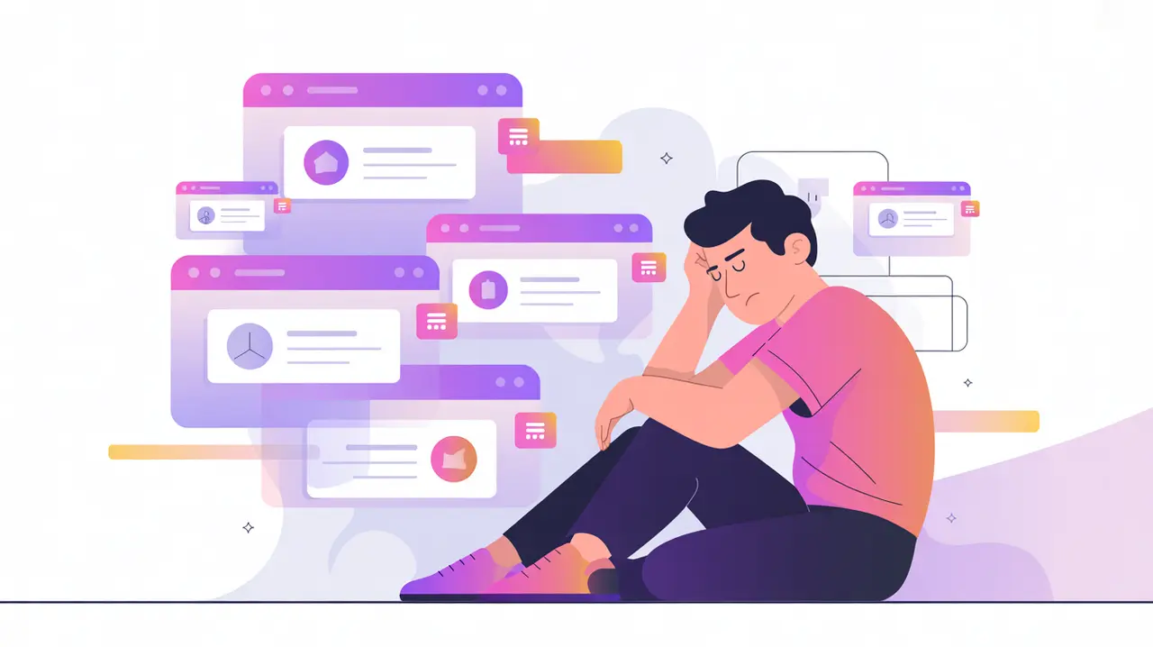 Tired worker surrounded by multiple digital notifications symbolizing change fatigue