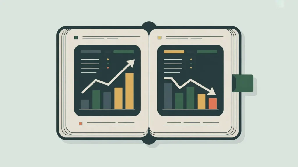 Open notebook with charts and arrow indicating financial change