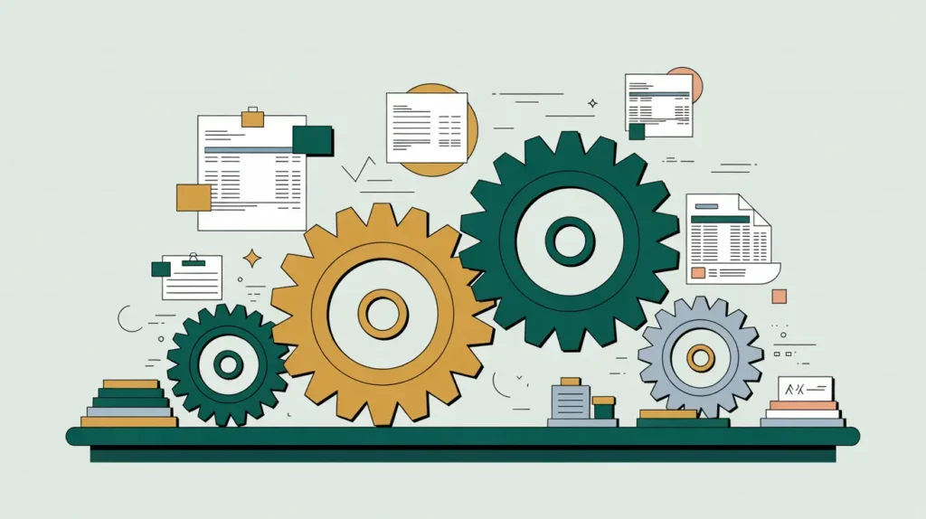 Interlocking gears labeled invoices contracts vouchers symbolizing working capital changes