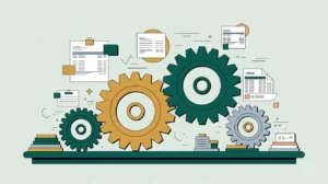 Interlocking gears labeled invoices contracts vouchers symbolizing working capital changes