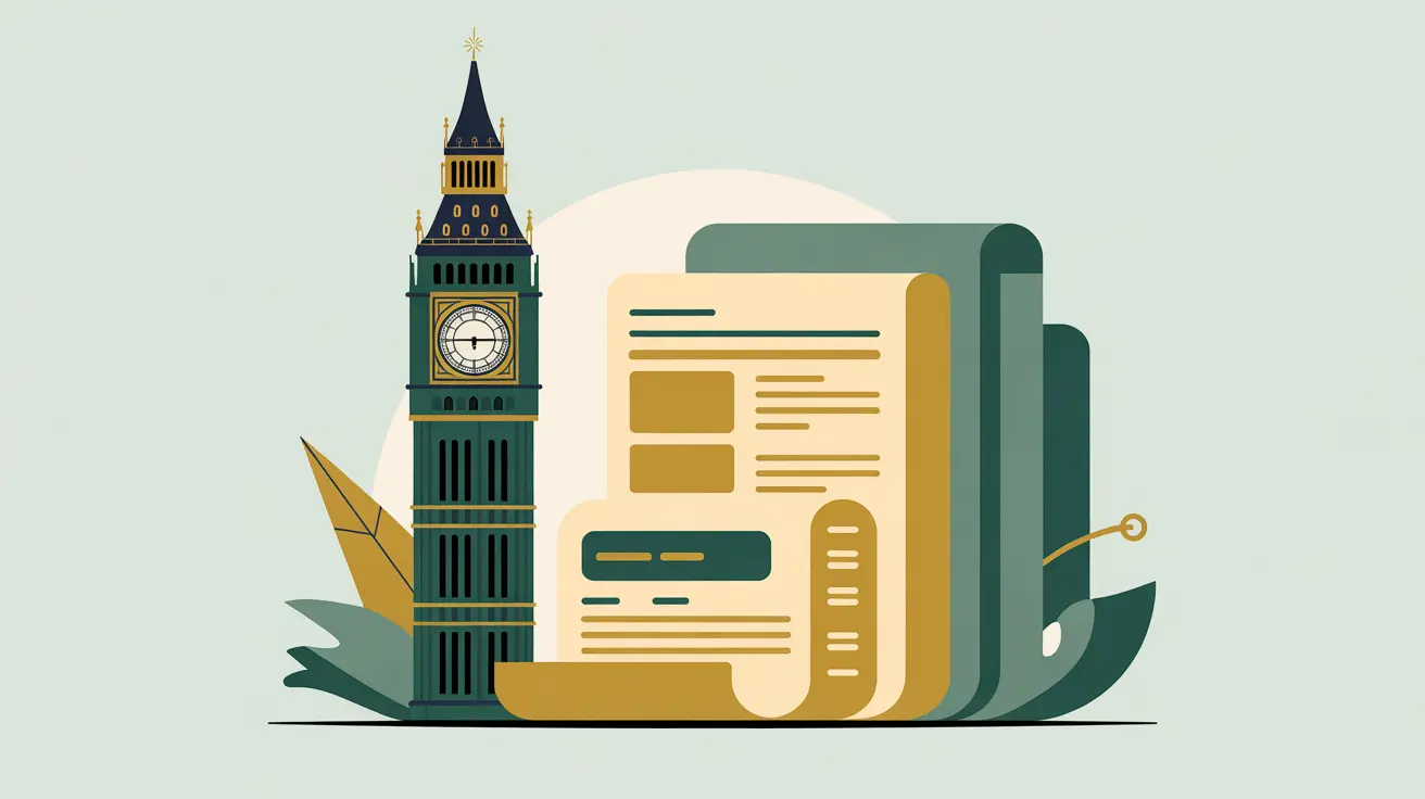 Stylized Big Ben clock tower with glowing financial documents