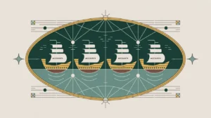 Old mariner's chart with four ships labeled accounts in flat vector style