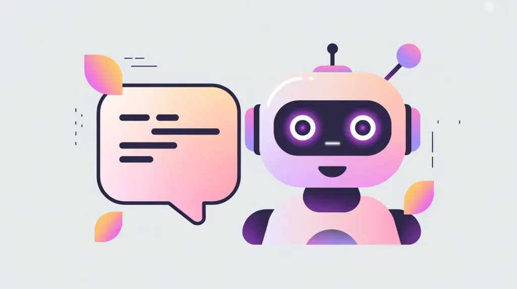 Chat bubble icon next to glowing AI assistant avatar with pink and purple accents