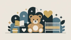 Illustration of toys, crib, and book with heart and star icons