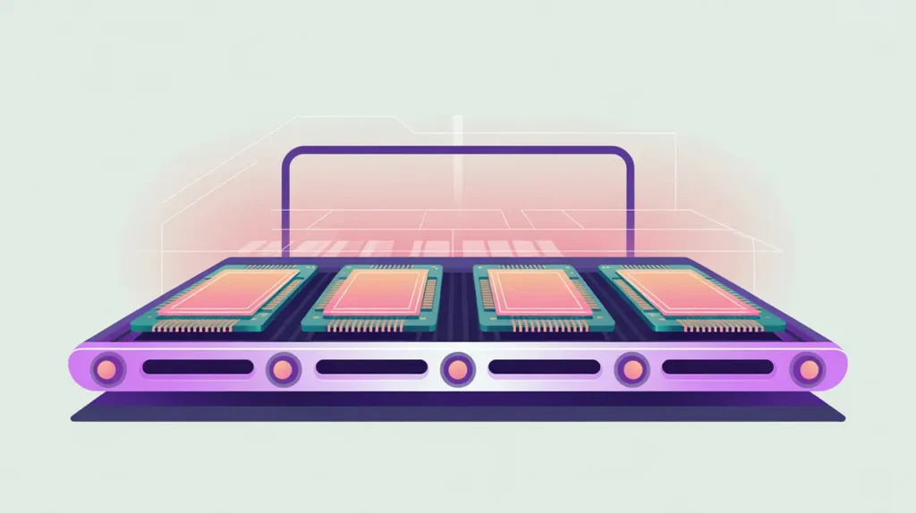 Flat vector illustration of computer chips on factory conveyor