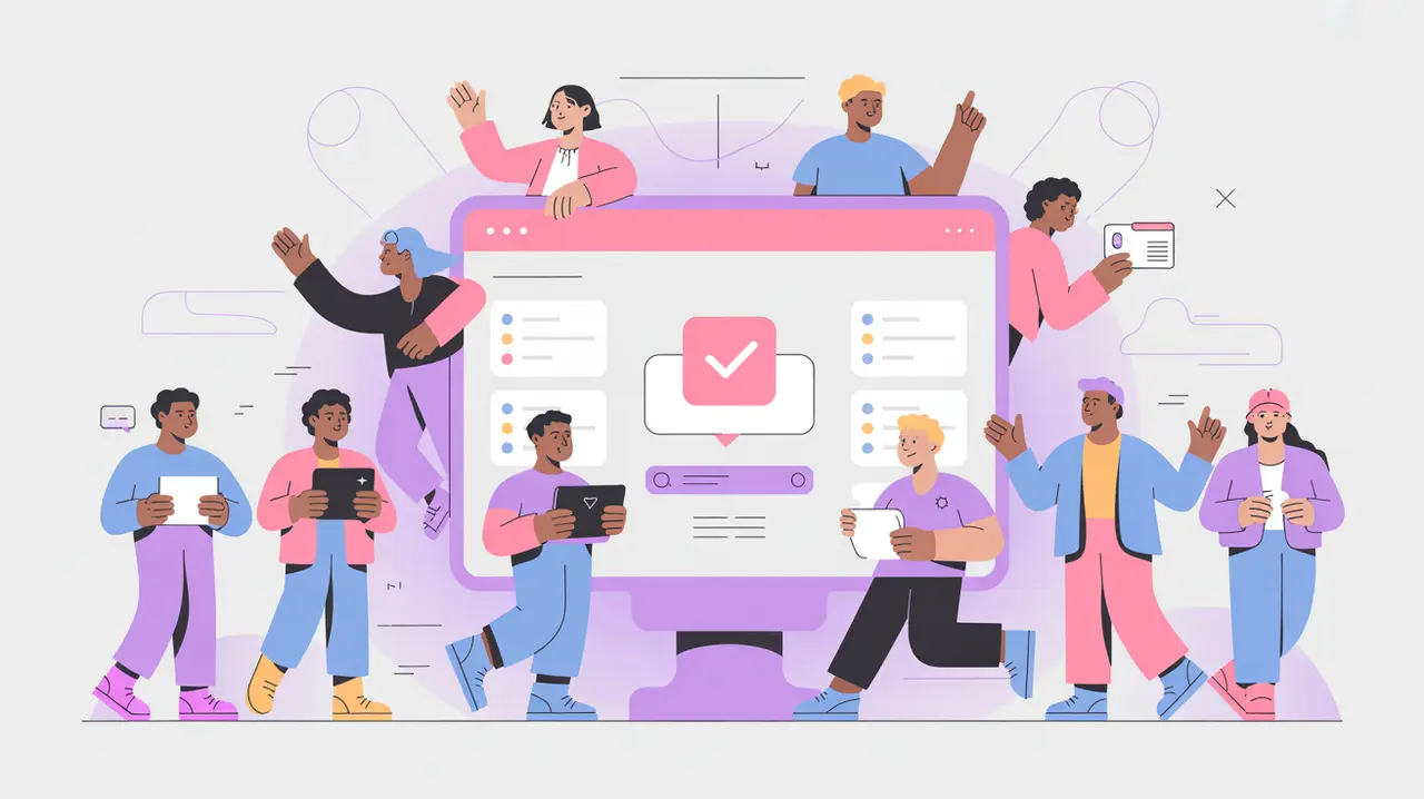 Citizens gathered around digital participation screen with geometric accents