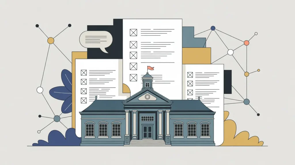 Illustration of ballot papers speech bubble and town hall with connection lines