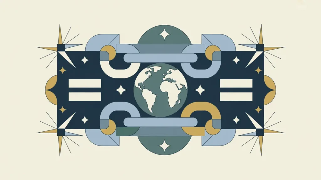 Balanced scales of justice with equality icons and globe symbol