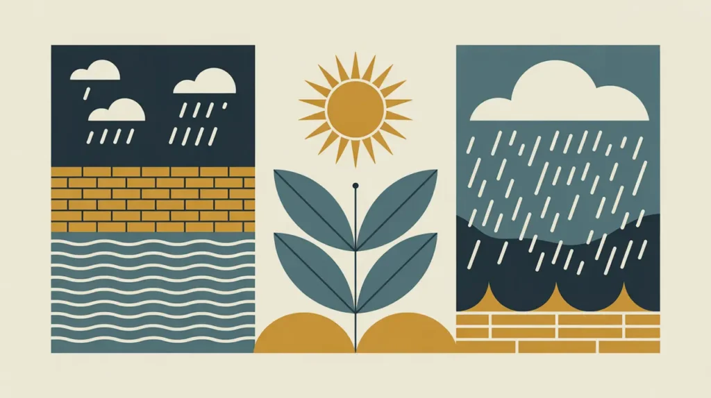 Illustration of flood barrier drought-resistant plant and storm shelter with rain and sun icons