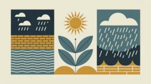 Illustration of flood barrier drought-resistant plant and storm shelter with rain and sun icons
