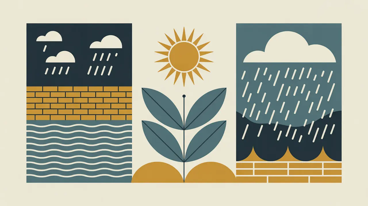 Illustration of flood barrier drought-resistant plant and storm shelter with rain and sun icons