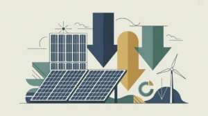 Illustration of solar panels wind turbine and emission reduction arrows