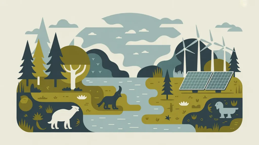 Balanced ecosystem with trees, water, wildlife, solar panels, and wind turbines