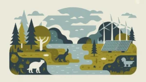 Balanced ecosystem with trees, water, wildlife, solar panels, and wind turbines