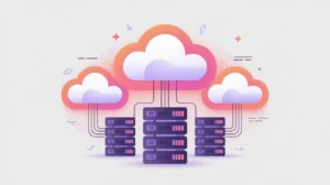 Flat vector illustration of cloud icons connected to servers with pink and neon purple accents