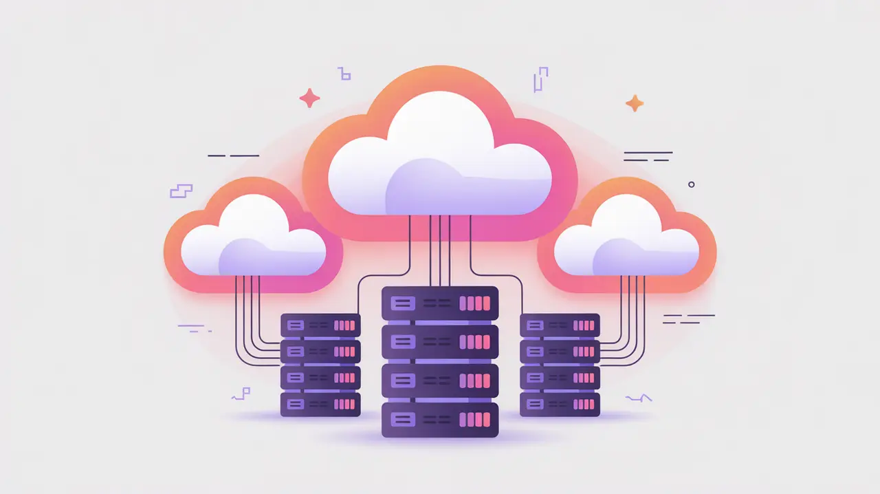 Flat vector illustration of cloud icons connected to servers with pink and neon purple accents