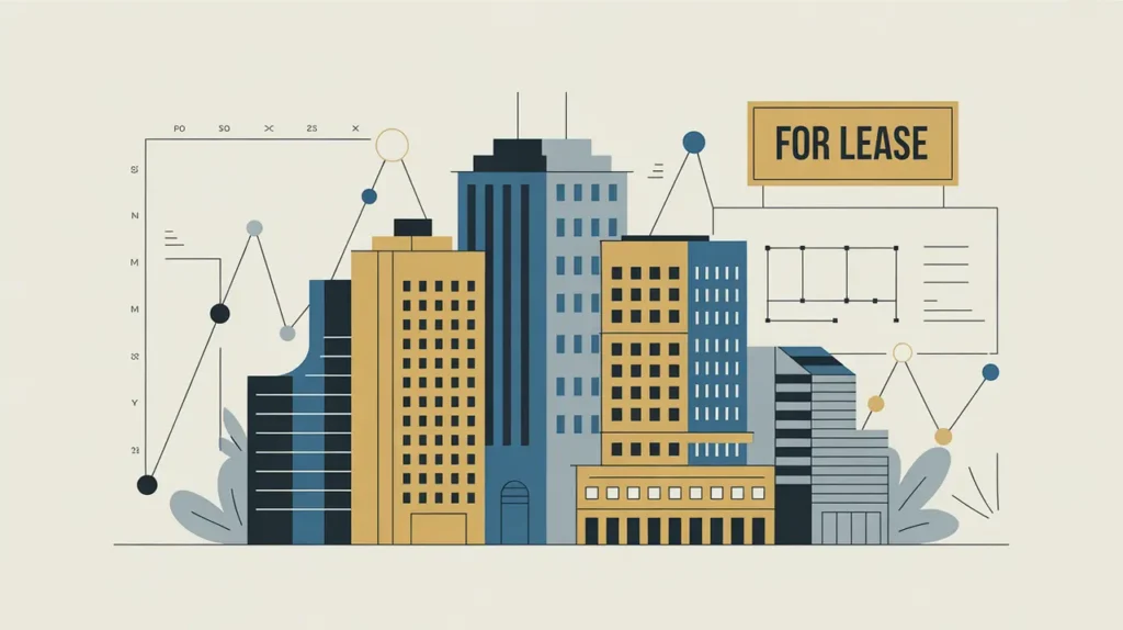 Illustration of office towers, for lease sign, floor plan, and market graph lines