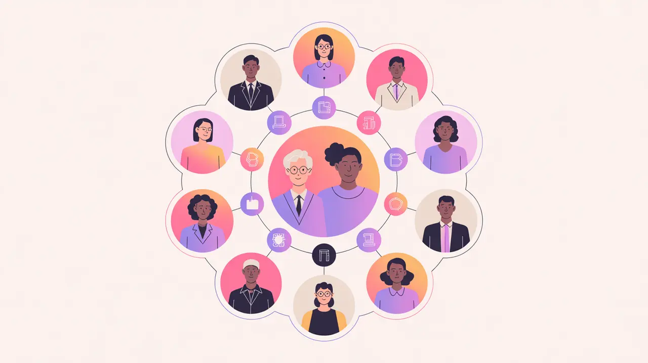 Circle of professionals sharing knowledge with connected icons in pink and white