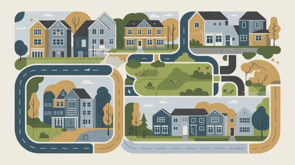 Illustration of mixed housing, park, and community center connected by pathways and trees