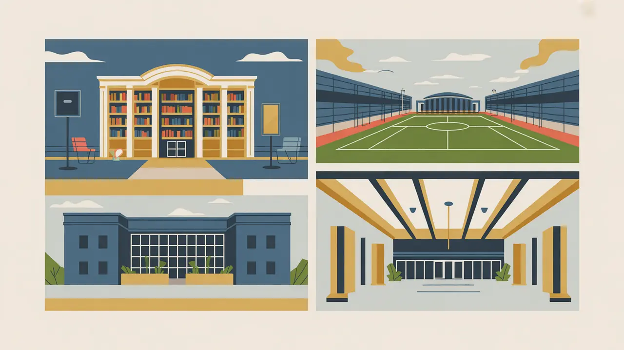 Illustration of library sports field and multipurpose community hall
