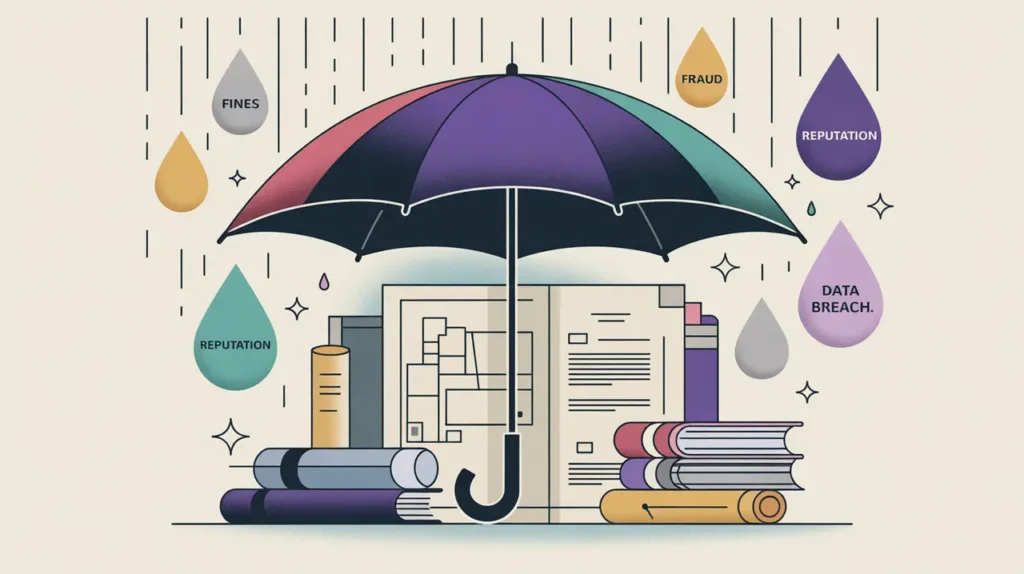 Protective umbrella shielding documents from labeled raindrops representing risks