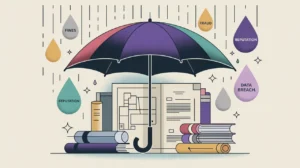 Protective umbrella shielding documents from labeled raindrops representing risks