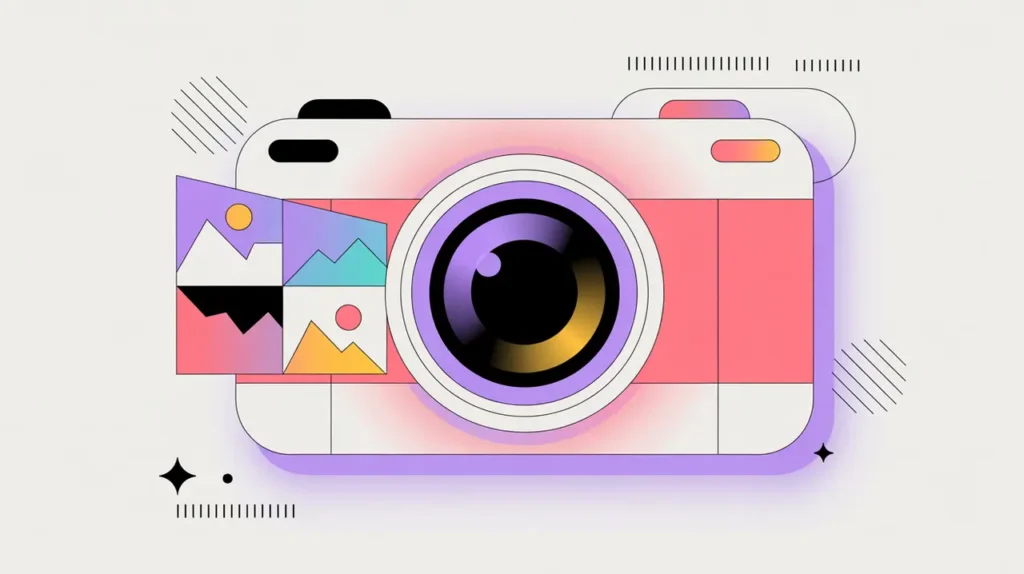 Stylized camera lens scanning grid of abstract images with geometric accents