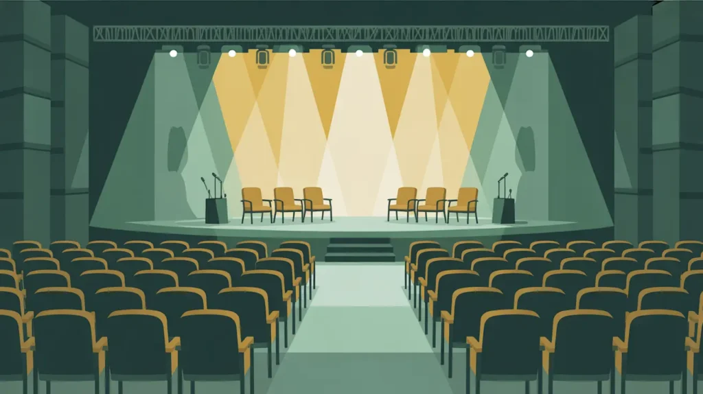 Glowing stage with chairs and microphones for conferences and convening