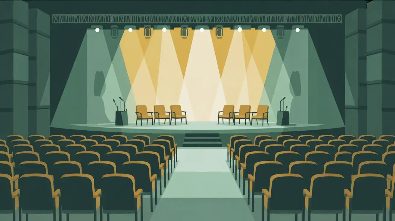 Glowing stage with chairs and microphones for conferences and convening