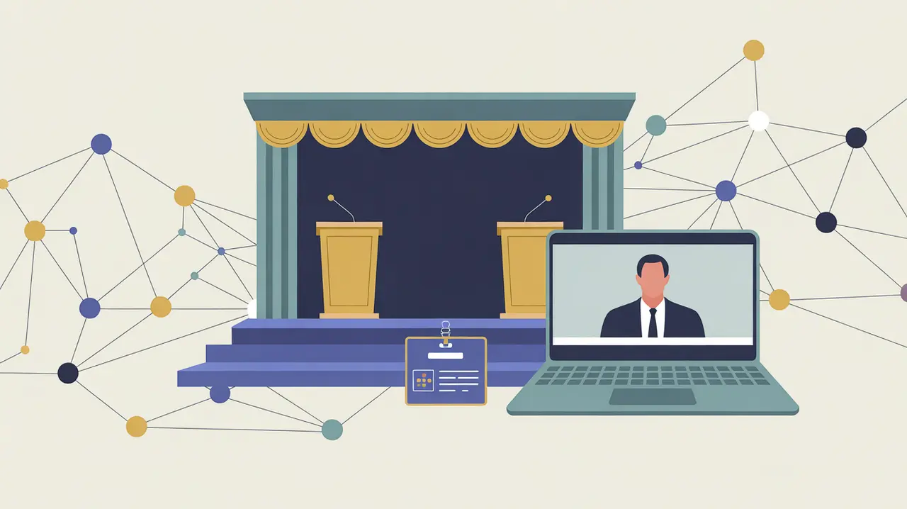Illustration of conference stage, laptop with video call, and networking nodes