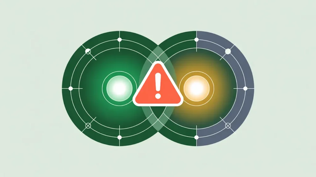 Overlapping glowing circles with red caution mark symbolizing conflict of interest