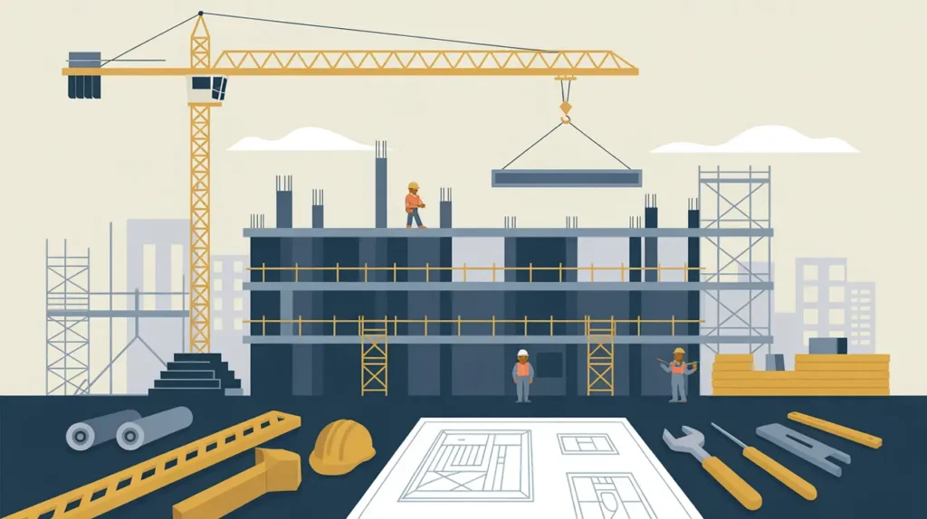 Modern construction site with crane scaffolding workers and building