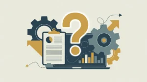 Illustration of laptop with charts clipboard strategy notes and glowing lightbulb with gears and arrows