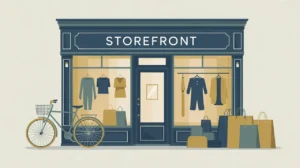 Storefront with shopping bags clothes bicycle family enjoying ice cream leisure purchases