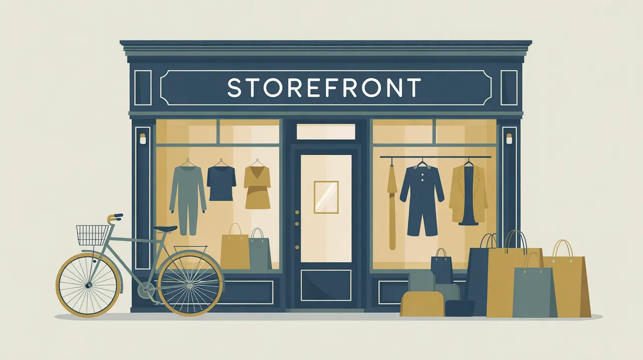 Storefront with shopping bags clothes bicycle family enjoying ice cream leisure purchases