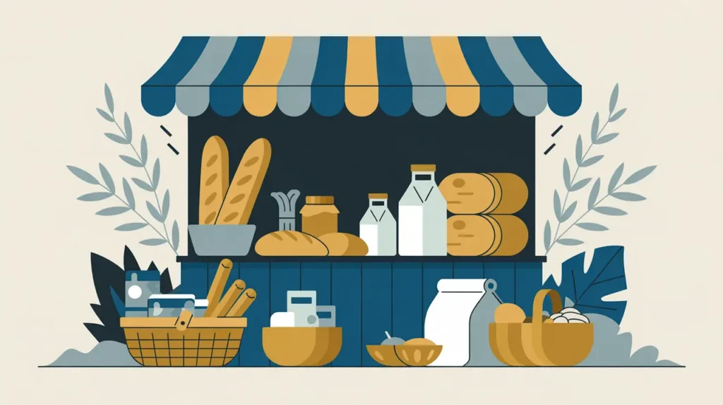 Market stall with bread milk rice vegetables and shopper with basket